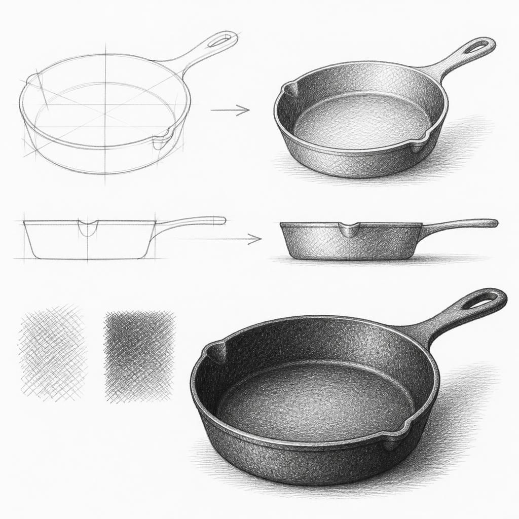 How to draw a cast iron skillet