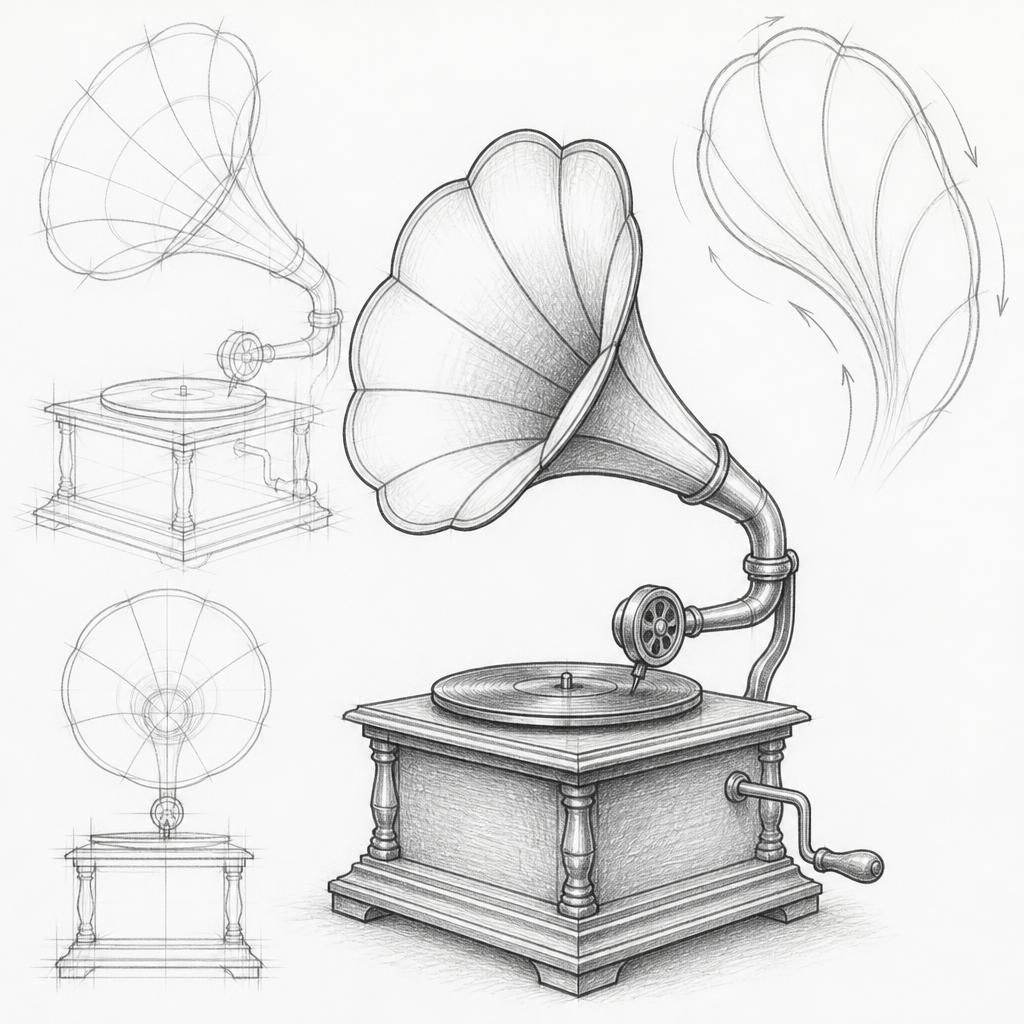 How to draw a vintage gramophone